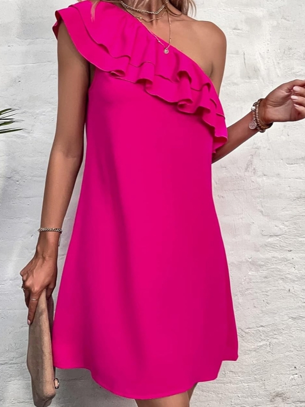 Floerns Size S One-Shoulder Tiered Ruffle Dress Fuschia Pink 3494-AG